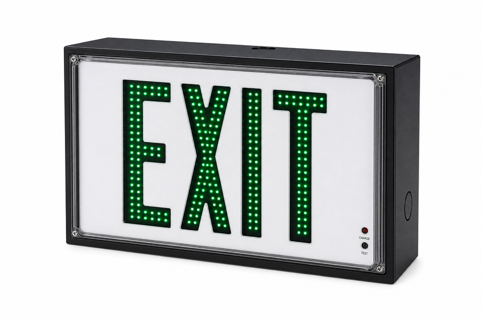 500E steel LED exit sign with green LED letters and black housing