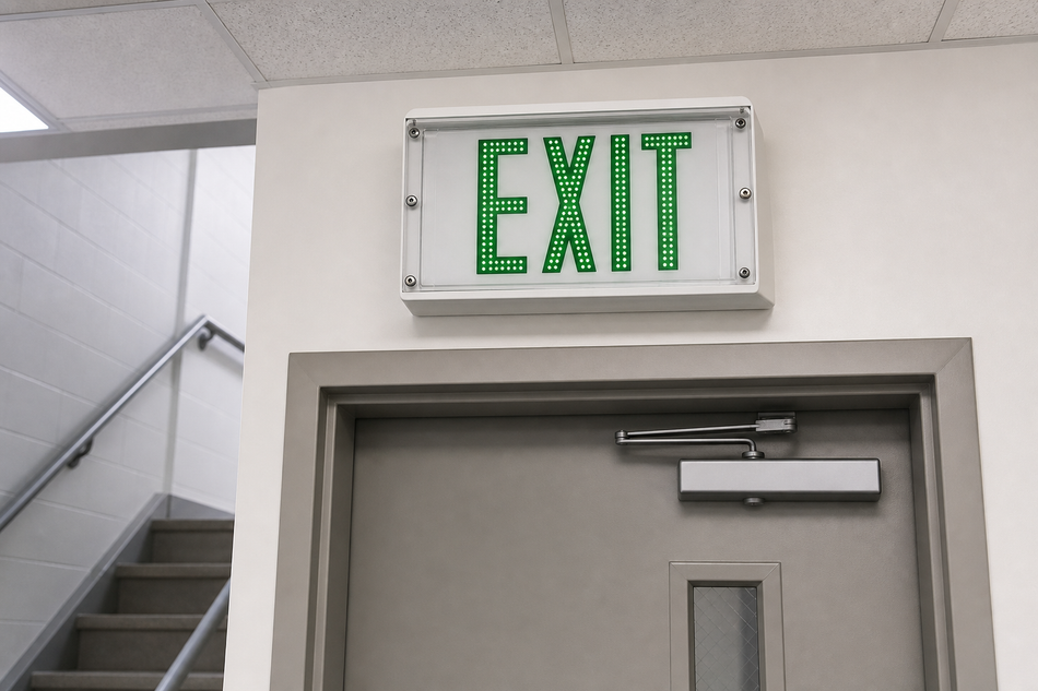 500E steel LED exit sign installed above commercial doorway with green LED letters
