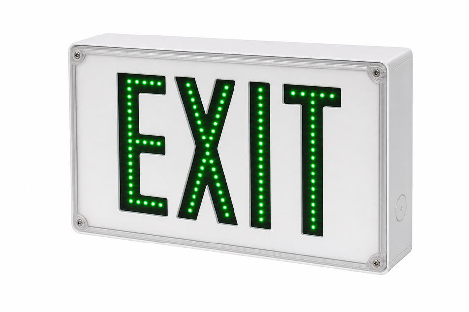 600E steel direct-view LED exit sign with green LED letters and white housing