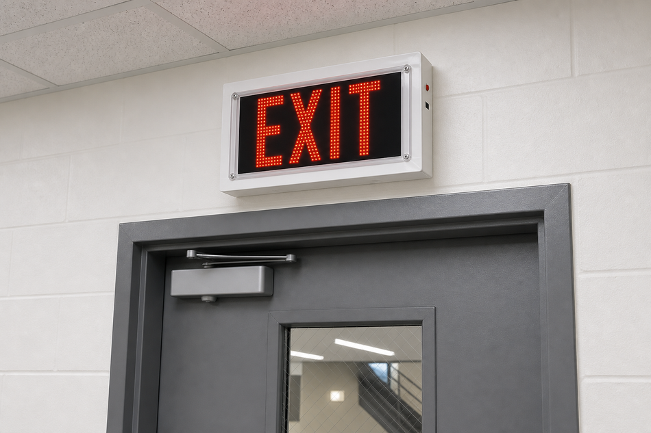 600E steel direct-view LED exit sign installed above commercial doorway with red LED letters