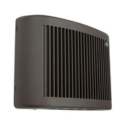 Side view of architectural LED wall pack showing vertical heat sink fins and low-profile design