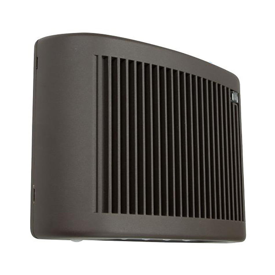 Side view of architectural LED wall pack showing vertical heat sink fins and low-profile design