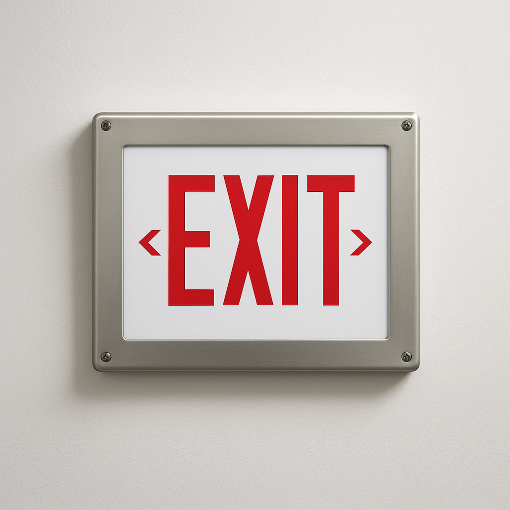 Steel exit sign mounted on wall