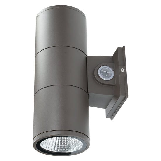 Bronze cylindrical up/down LED wall pack with textured reflector and adjustable optics