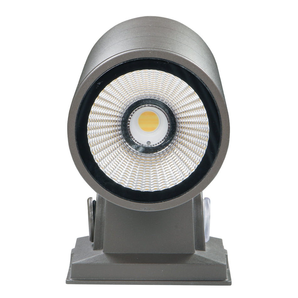 Front close-up of LED cylinder light showing COB LED and reflective optical housing
