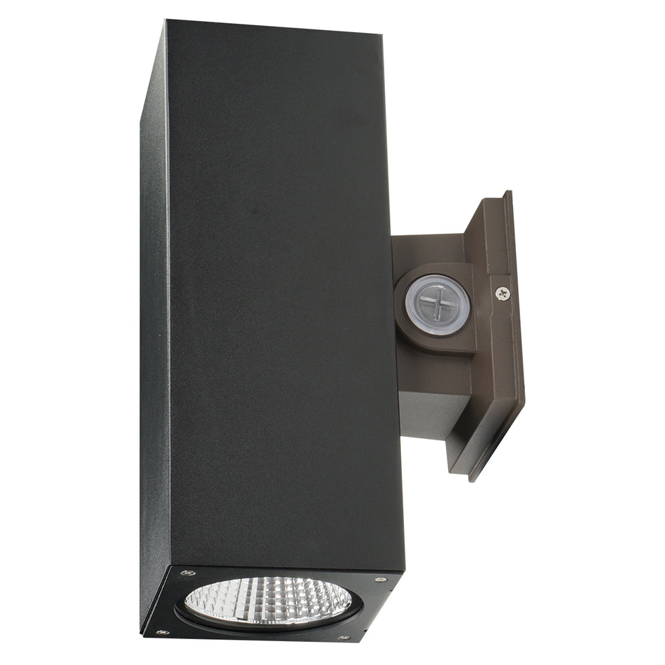 Black rectangular up/down LED wall light with integrated photocontrol and heat sink