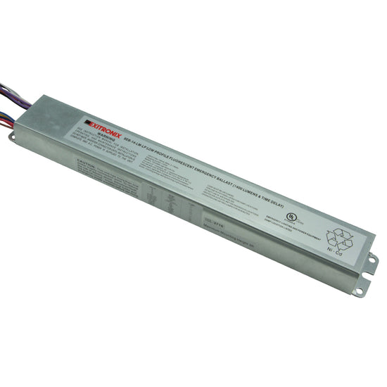 Low-profile fluorescent emergency ballast with steel housing and NiCad battery label for 1400 lumen output