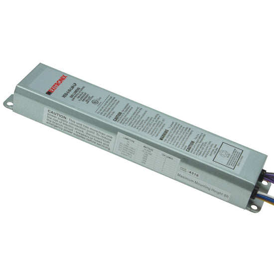 Low-profile fluorescent emergency ballast with UL 924 label and lamp compatibility chart printed on housing