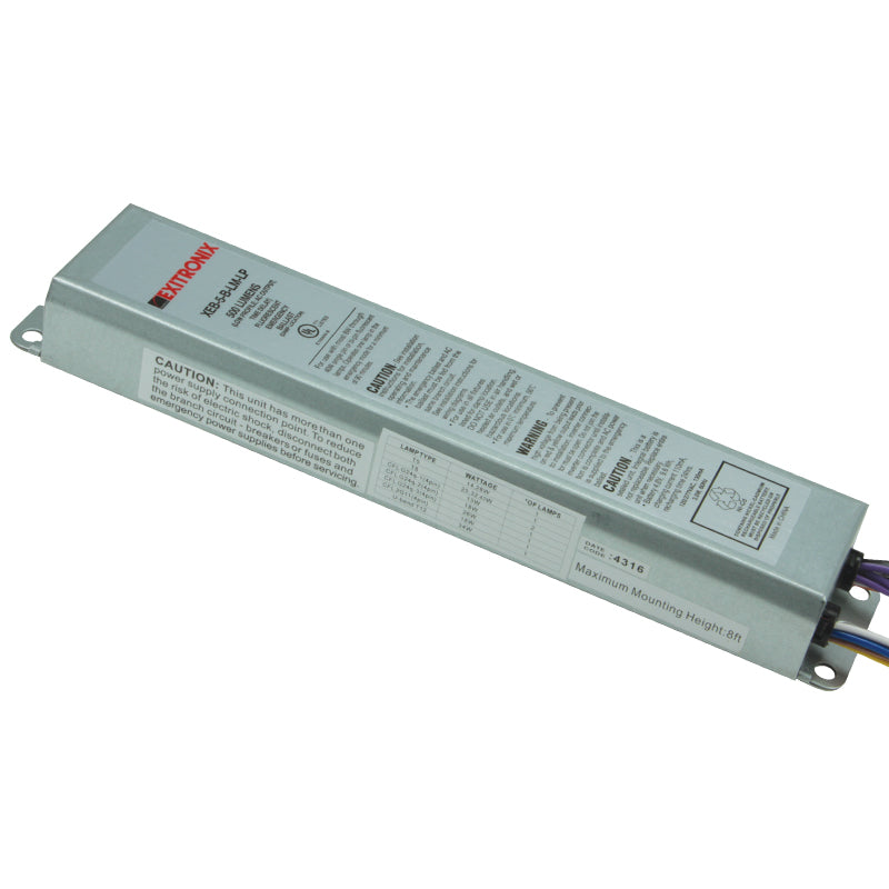 Low-profile fluorescent emergency ballast with UL 924 label and lamp compatibility chart printed on housing