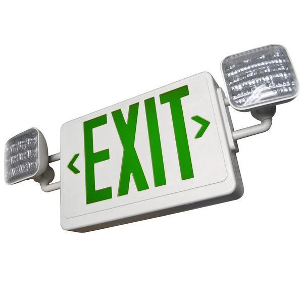 LED Exit Sign & Emergency Light Combo with Adjustable Square Heads - Green Letters