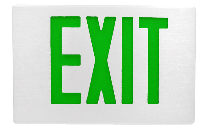 Exit Sign, Cast Aluminum - Green LED - White Finish - Battery Backup