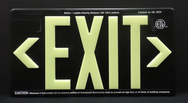 100' Photoluminescent Black Exit Sign - UL924 **Outdoor Rated**