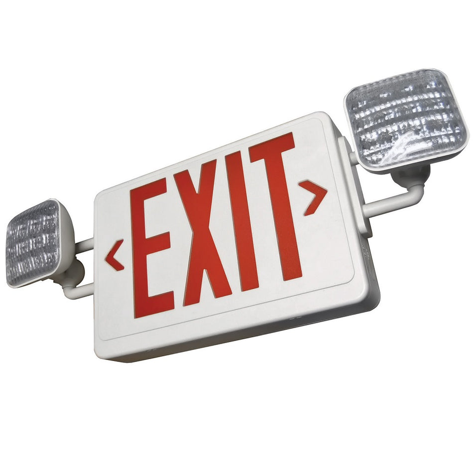 LED Exit Sign & Emergency Light Combo with Adjustable Square Heads - Red Letters