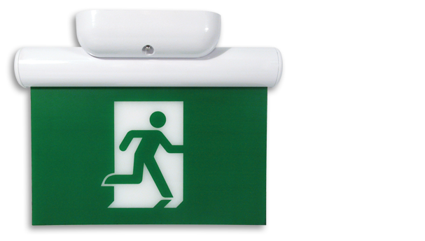 Exit Sign, Edge Lit - Green Running Man - White Aluminum Surface Mount