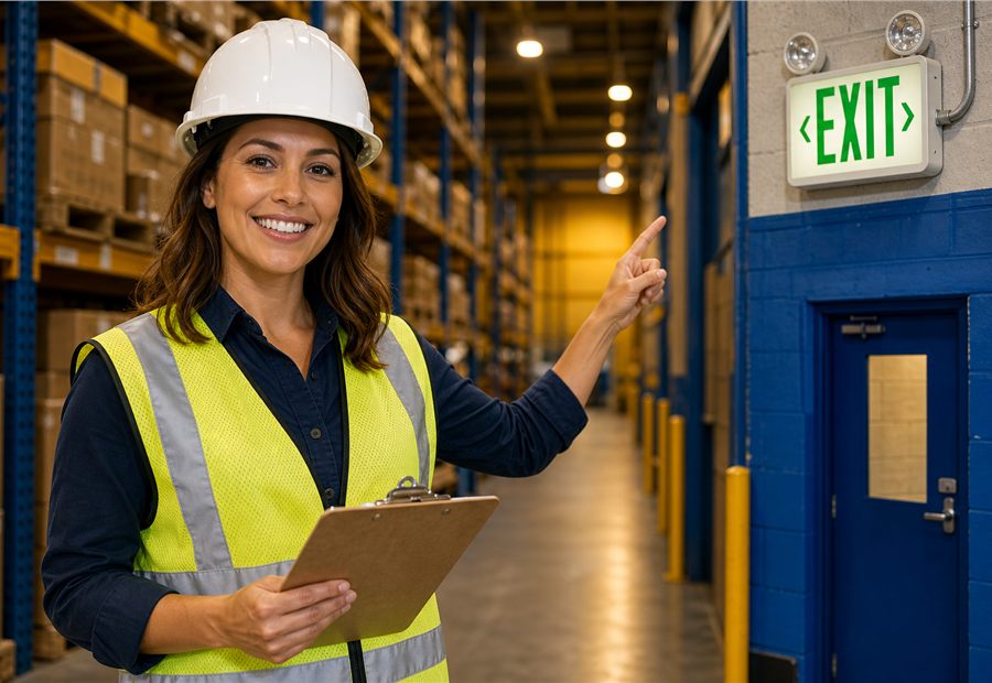 Lighting specialist reviewing an illuminated exit sign in a warehouse